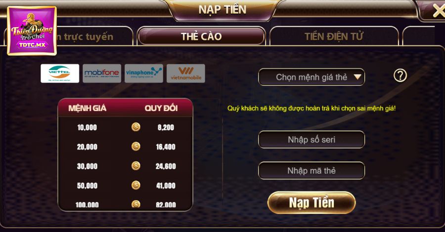 Nạp tiền qua thẻ cào